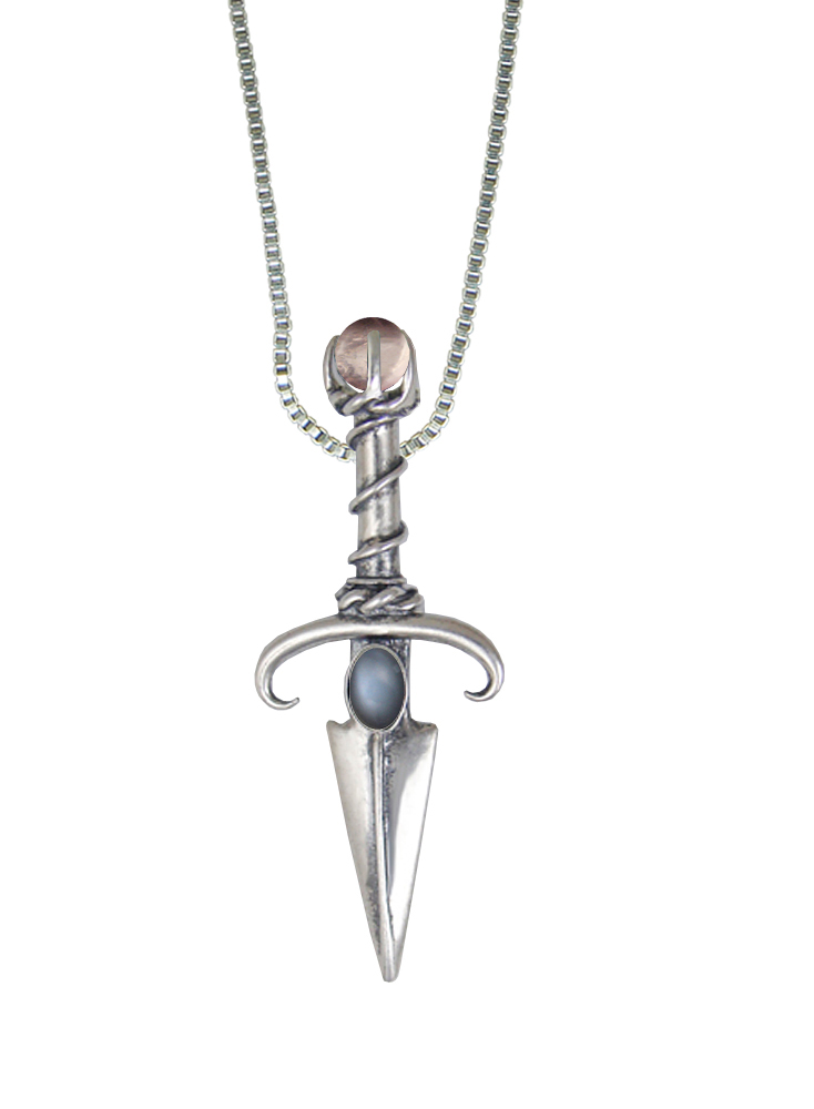 Sterling Silver Black Prince's Knife Dagger Pendant With Grey Moonstone And Rose Quartz